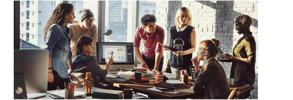Publishing authors team collaborating in a modern office